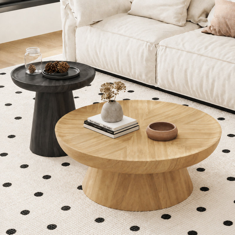2-piece Round Coffee Table Set, Natural Wood & Black Finish Pedestal Tables For Living Room, Beige/Black