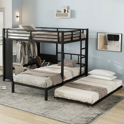 Full Over Twin Metal Bunk Bed In Black Color Scheme With Built - Wardrobe, Trundle, Folding Table, Space Efficient Design Concept, Rust Surface Finish, Quick Setup Process Closet, Foldable Desk,