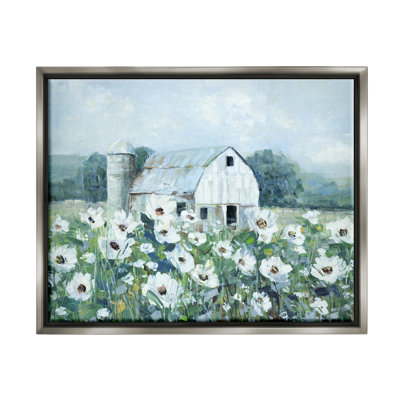 " Rural Anemone Flower Meadow White Farmland Barn " by Sally Swatland Painting Print
