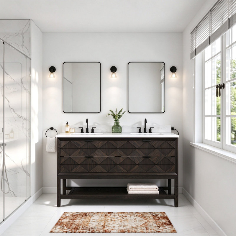 Meuble-lavabo autoportant en bois massif brun foncé 60 po avec plateau en marbre d'ingénierie 60 po, Dark Brown Oak