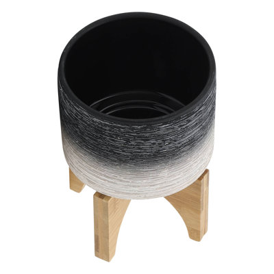 Jardinière en céramique grise de 5 po sur support en bois - Ajoutez du charme à votre porche avec support, base à arrangement floral