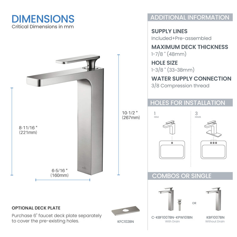Robinet de salle de bain Infinity, Nickel brossé, Sans bonde escamotable