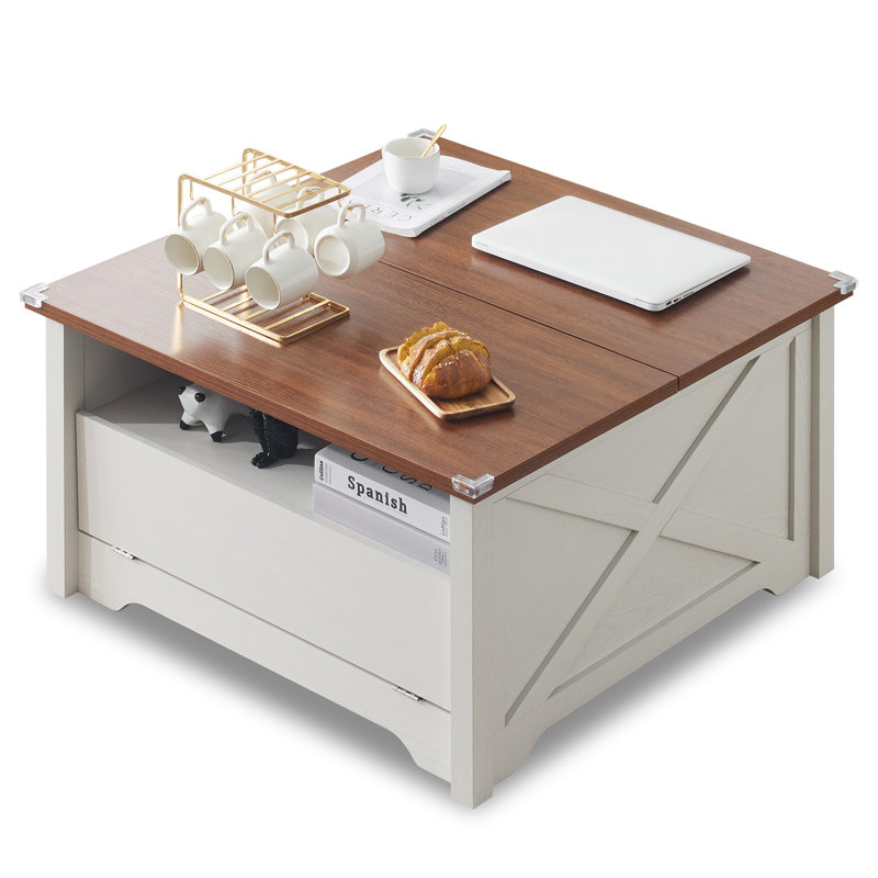 Table basse à plateau relevable en brun et blanc, Brun, Blanc