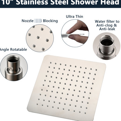 Brushed Nickel 10" Shower Head - Square Stainless Steel Rainfall, High , Self-cleaning, Adjustable Arm Wall Mount, Nozzle Scaling Prevention Characteristic Nickel, Rainfall & , Scaling Quality
