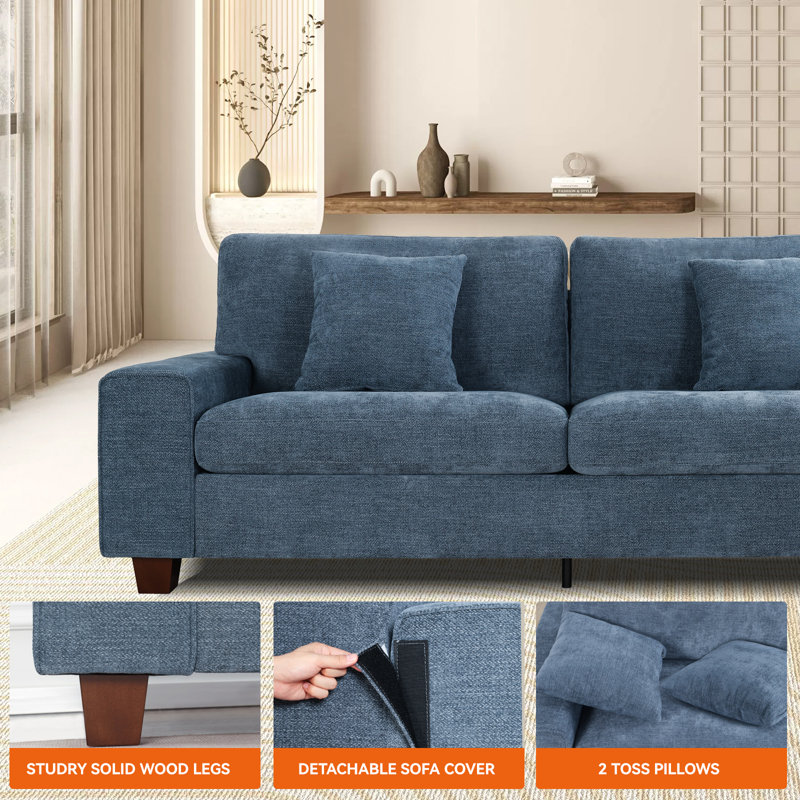 Karlita 3-Seater 89'' Modern Upholstered Sofa with Square Armrests and 2 Throw Pillows, Blue