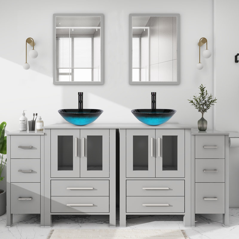 Ensemble de meuble-lavabo double 72 po avec lavabo en verre, robinet économiseur d'eau, Gris, Gris
