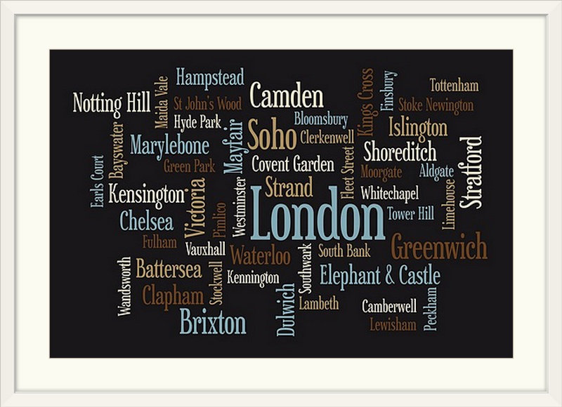 «London Text Map» par Bellen, art textuel, H 28 po x l 38 po x P 1 po, Cadre blanc