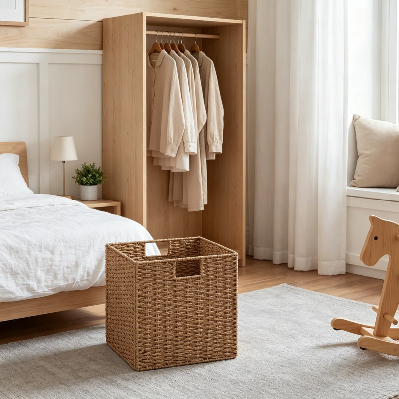 Ensemble de 2 paniers de rangement en osier de 13 pouces, cubes de rangement carrés pliables tissés à la main, bacs en corde de papier naturel pour étagères, garde-robe, garde-manger et rangement