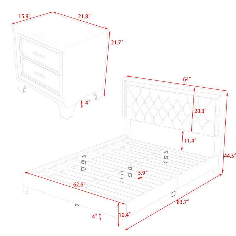 Ensemble de chambre avec lit plateforme 3 pièces Harpriya, Rose