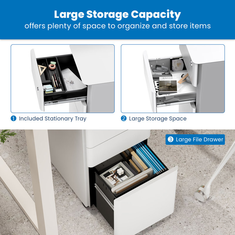 Mount-It Mobile File Pedestal Cabinet with 3 Drawers & Lock, Slim Design Under Desk Storage, White