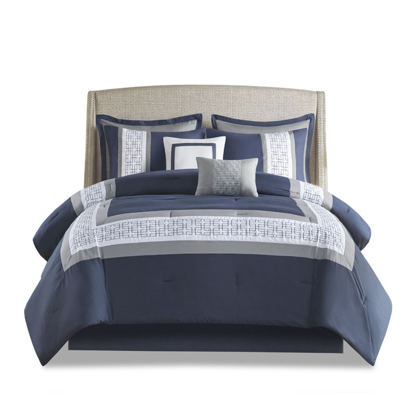 8 Piece Embroidered Comforter Set Navy, Queen Comforter + 4 Shams + 2 Pillows