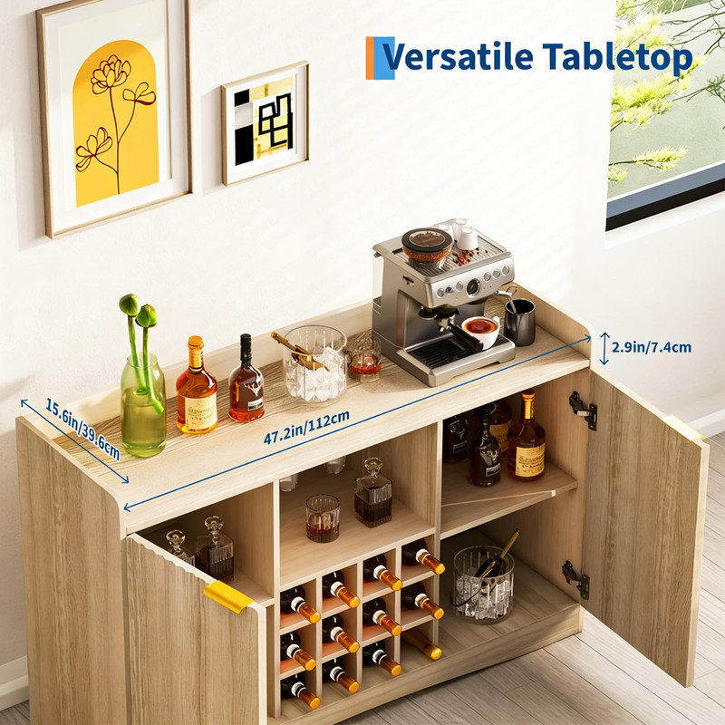 Armoire à vin 47 po cannelée - rangement pour 12 bouteilles et 9 verres, buffet pour le salon, la salle à manger, la station café