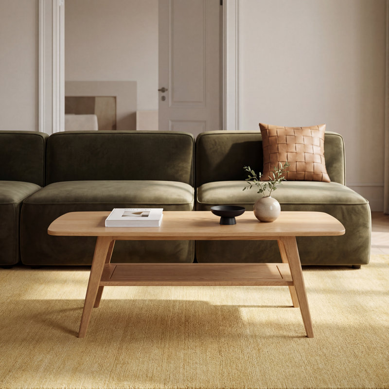 NRLBSC Solid Wood Four Leg Coffee Table with Storage, 100cm, Natural Oak