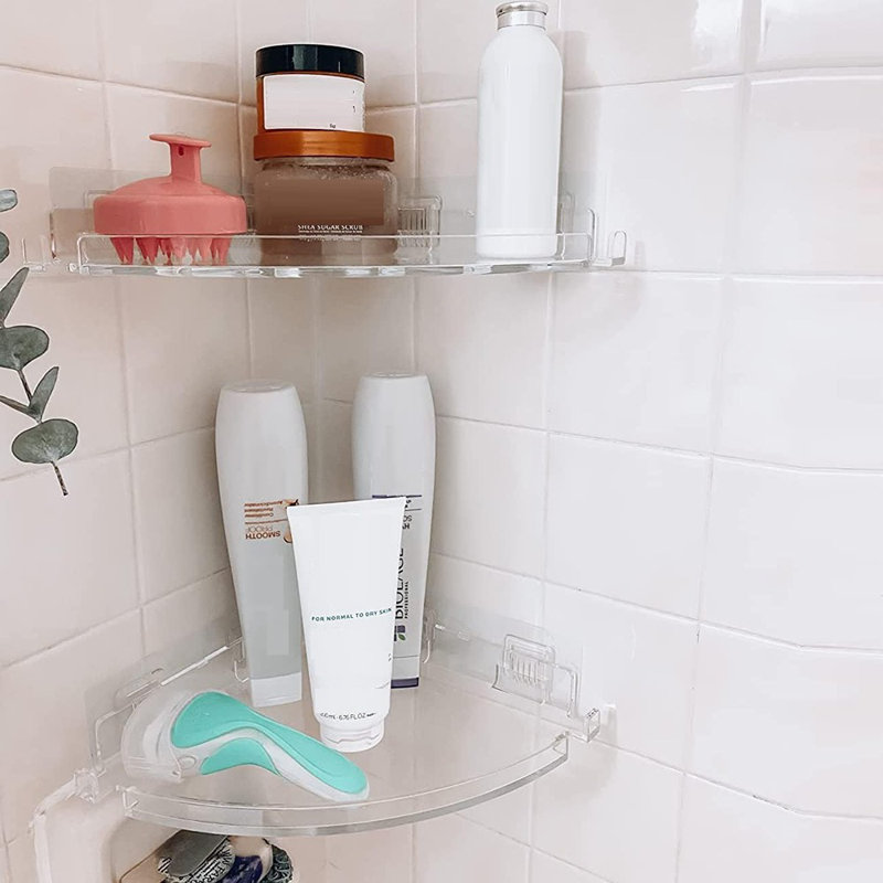 Acrylic Corner Shower Caddy Shelf - Transparent - 2-Pack Adhesive Wall-Mounted Organizer With Hooks, Space-Saving Bathroom & Kitchen Storage