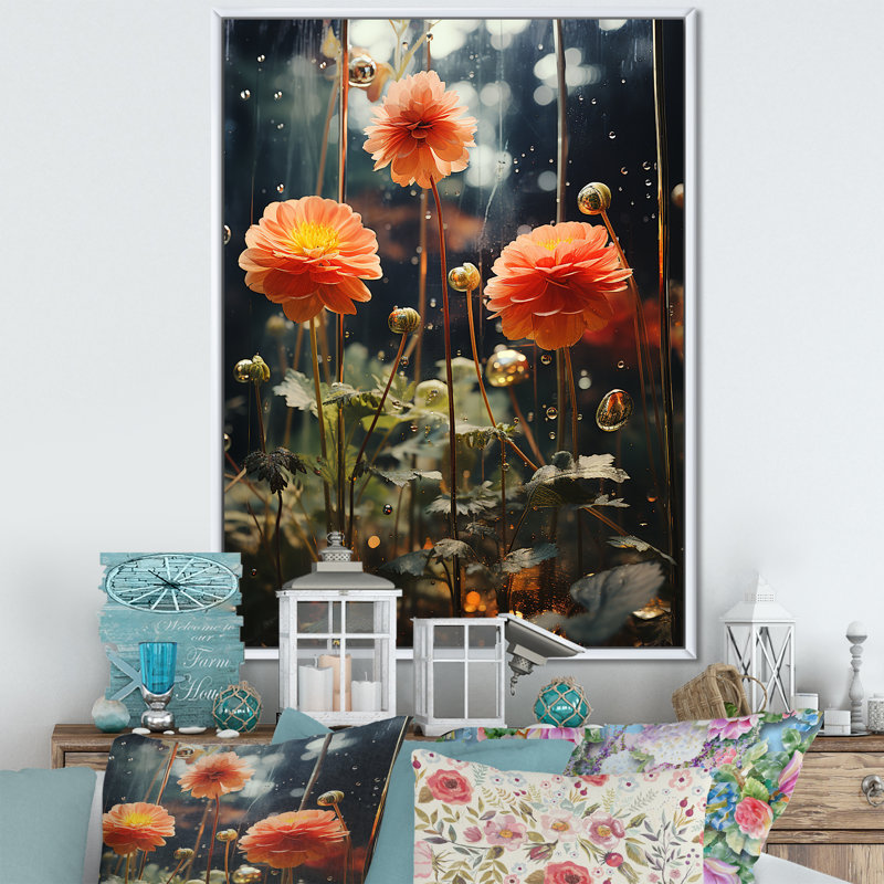 "Fleurs de zinnias orange et vertes", Cadre flottant blanc, H 44 po x l 34 po x P 1,5 po