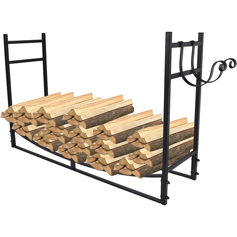 4ft Heavy-Duty Steel Firewood Rack with Kindling Hooks, 200lbs Capacity Elevated Log Holder with Anti-Tip Locking Rings for Fireplace & Patio, Black