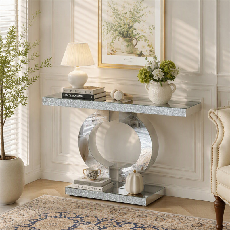 Console miroir de 109 cm (43 po), table d'appoint argentée moderne avec base en forme de O, Silver