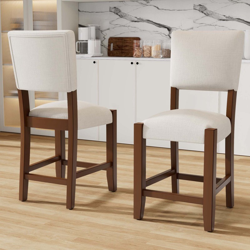 Tabourets de bar rembourrés en lin Mid-Century avec pieds en bois massif, Beige, 2