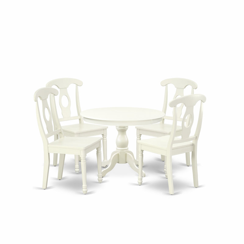 Ensemble de table de salle à manger 5 pièces comprenant une table de cuisine ronde avec piédestal et 4 chaises de salle à manger, lin blanc