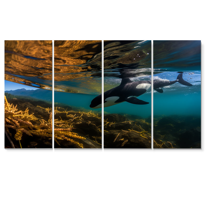 Orque nageant dans un lagon bleu, art mural sur toile 4 pièces, H 32 po x l 64 po