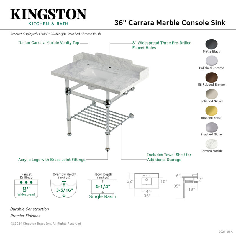 Kingston Brass Pemberton 36-Inch Carrara Marble Console Sink with Acrylic Legs and Shelf (8-Inch, 3-Hole), Polished Nickel