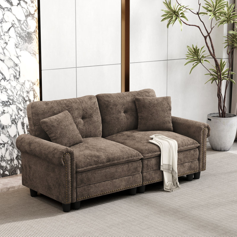 88" Modular Sectional Loveseat Couches With Nailhead Trim, 2-seater Deep Seat Sofa With Throw Pillow, Tan Chenille