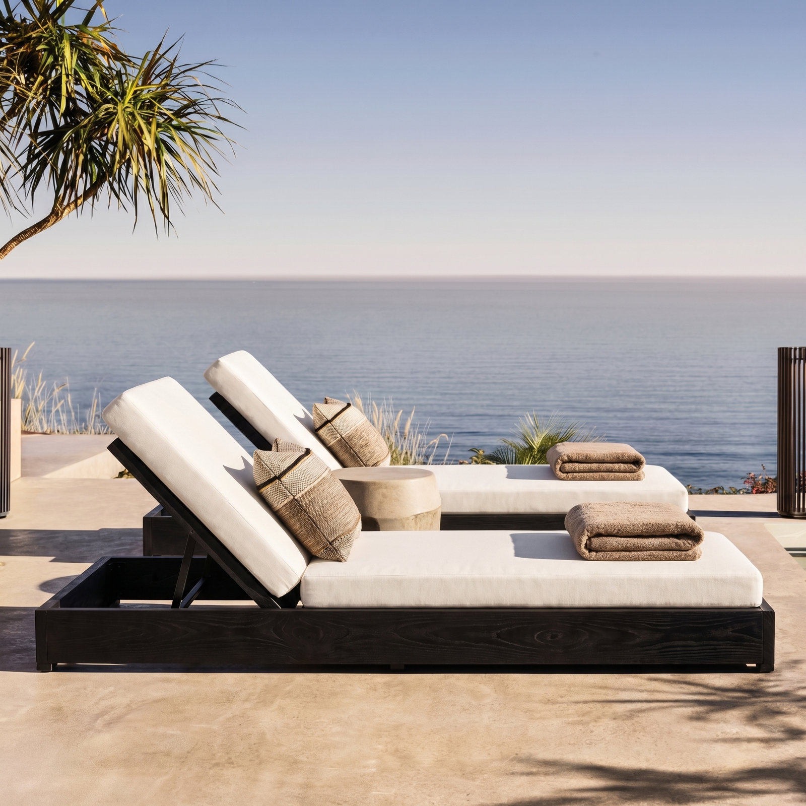 Donnie 30" Acacia Patio Chaise Lounge Set, Cream Cushion/Black Frame, Set of 2