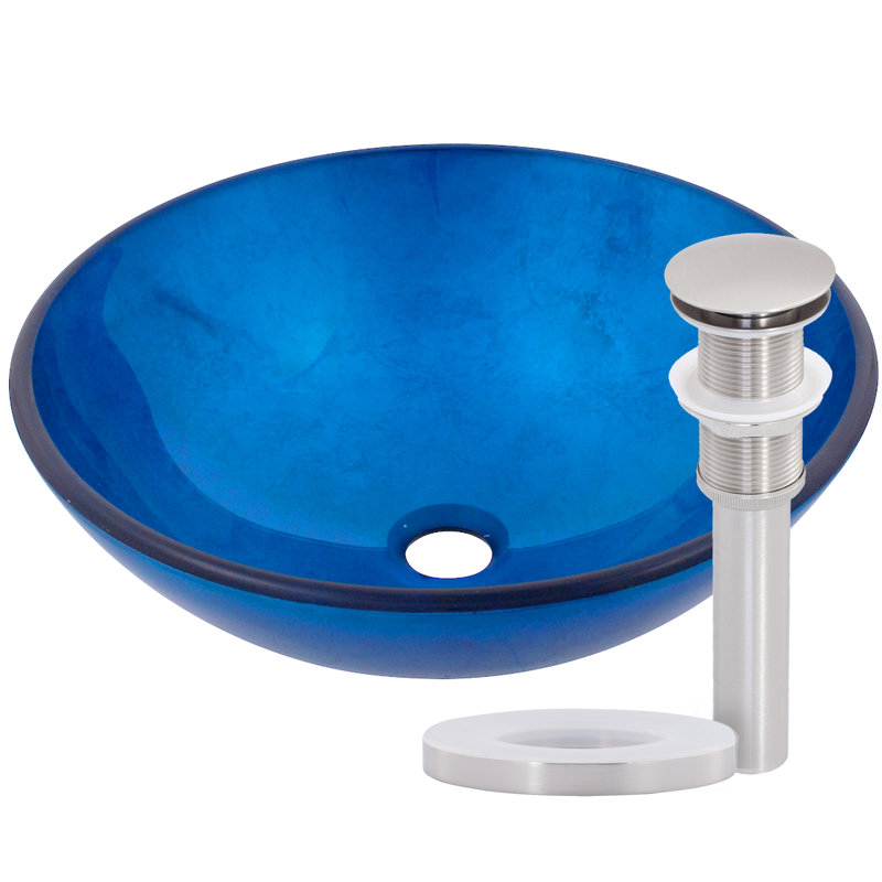 Novatto 16.5'' Blue Glass Circular Bathroom Sink, Brushed Nickel