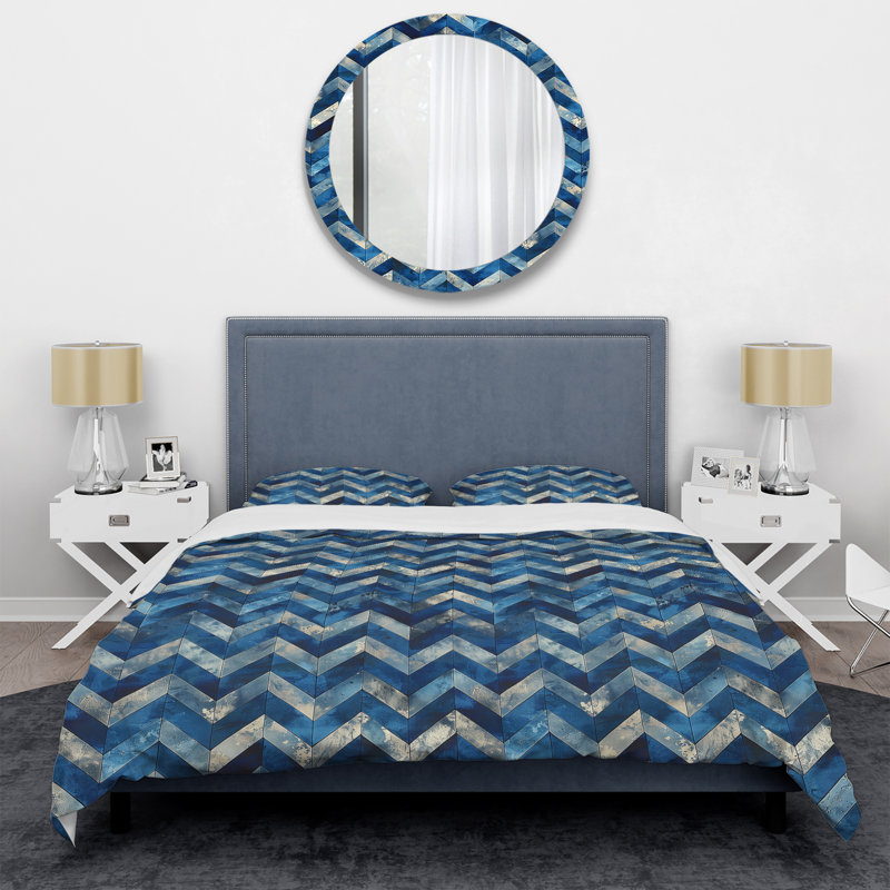 Blue Chevron Patterns I - Ensemble de housse de couette moderne, Housse de couette pour grand lit et 2 taies décor