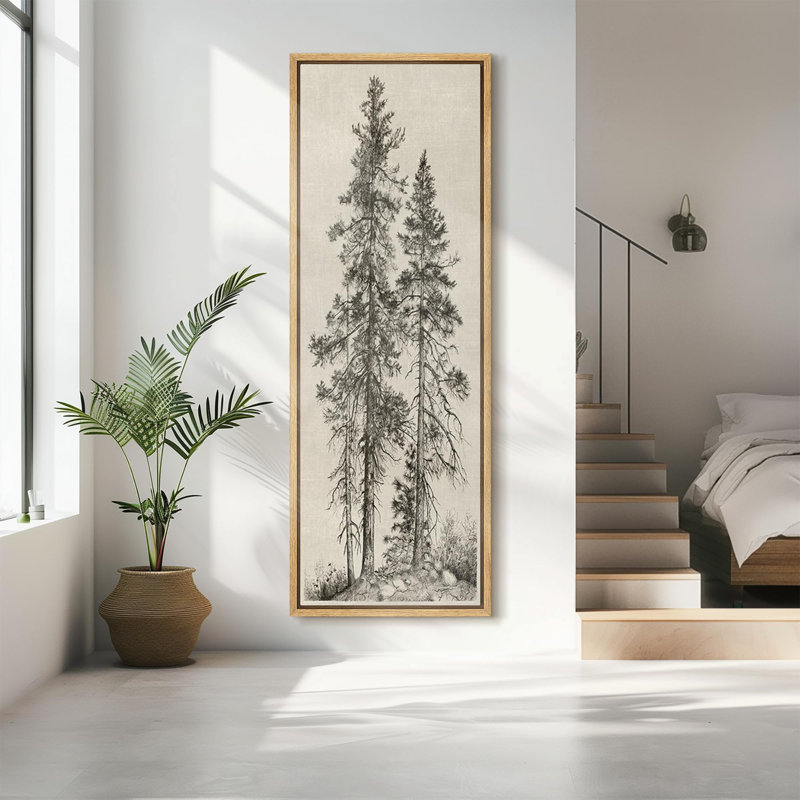 Vintage Pine Tree Drawing Classic Country Rustic Artwork - Extra Large Framed Wall Art Canvas Print, 60" H x 20" W