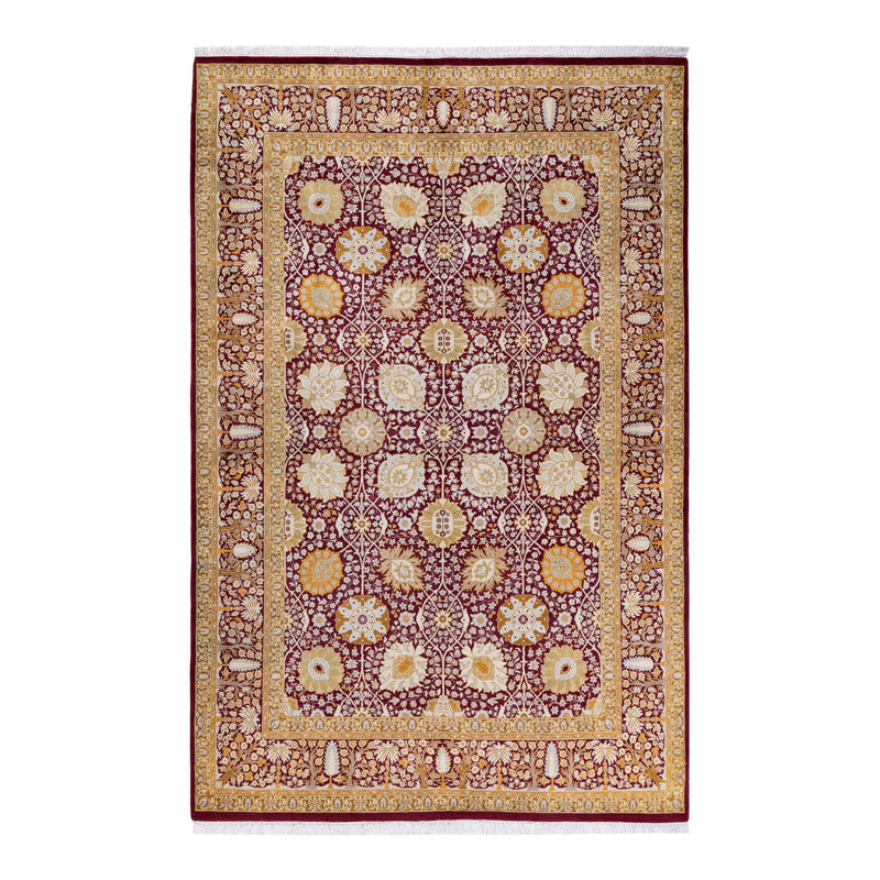 Tapis mauve en laine noué à la main de conception unique 6 pi 2 po x 9 pi 4 po Hayner