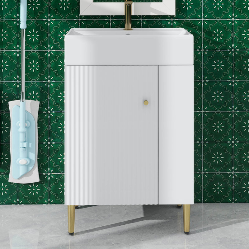 Petit meuble-lavabo de salle de bain avec meuble-lavabo simple en céramique et panneau de fibres à densité moyenne, meuble-lavabo autoportant moderne, rangement droit