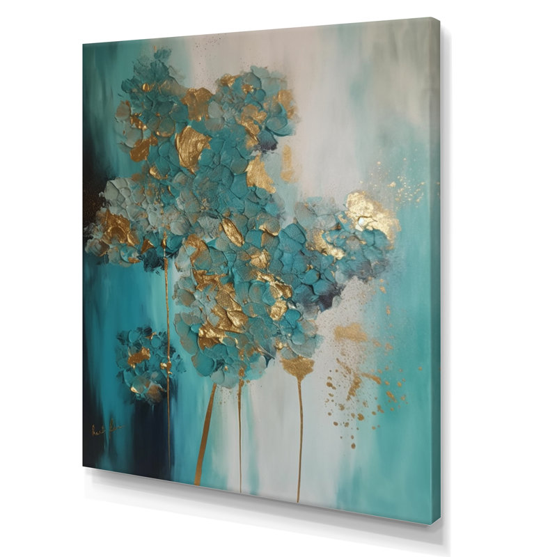 Hortensia fleur floraison rétro or bleu sarcelle - art mural hortensia, H 44 po x l 34 po x P 1,5 po, Toile tendue