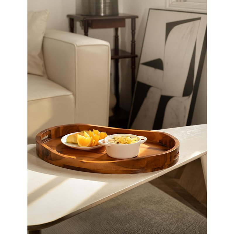 Large Oval Serving Tray With Handles - Acacia Wood Ottoman Trays...