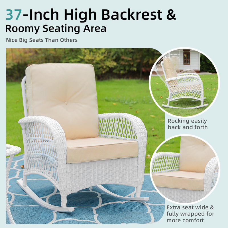 White Wicker and Beige Cushions 3-Piece Patio Rocking Bistro Set