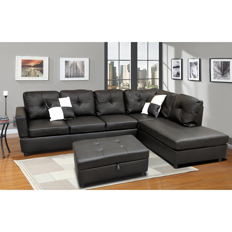 Faux Leather L-Shaped Sectional, Black Faux Leather, Right Hand Facing