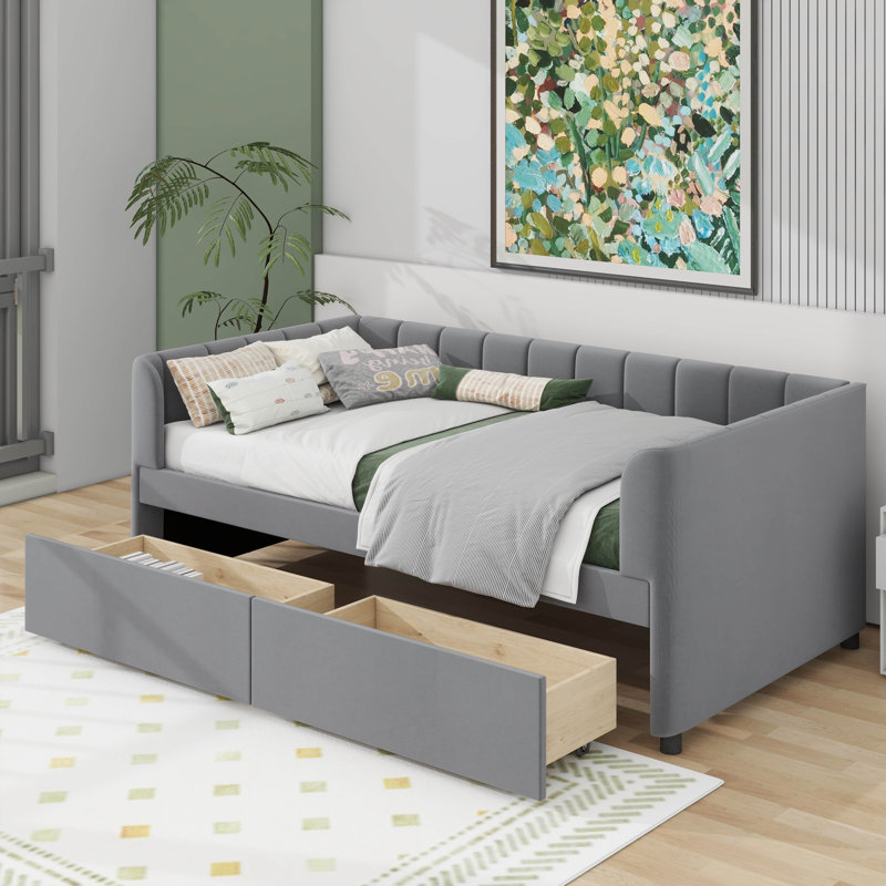 Lit de jour simple tapissier avec tiroirs, Gris