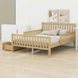 Classic Wood Platform Bed Frame with Guardrails and 2 Storage Drawers