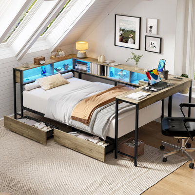 Base de lit de coin avec 2 tiroirs, rangement pour bureau et bibliothèque, lit plateforme avec station de charge