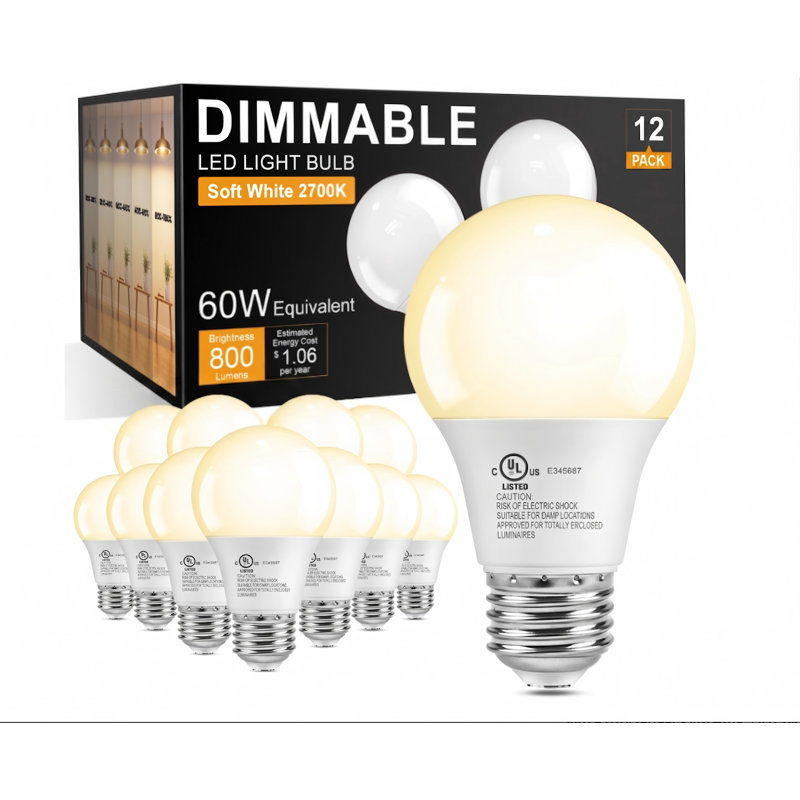 Ampoule A19 E26 de 60 watts à culot vers le bas à capteur de descente de 60 watts (blanc doux) (paquet de 12), 12