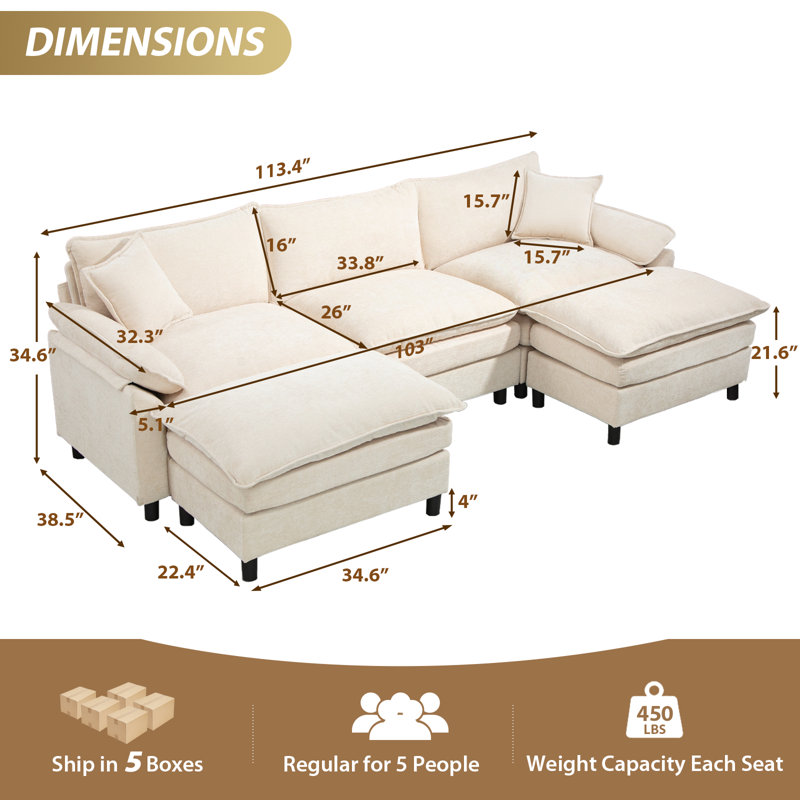 Upholstered U-Shape Sectional With Two Ottomans, Beige Chenille, 34.6" H x 111.8" W x 57.8" D