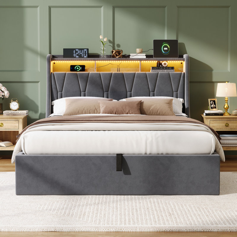 4FT6 Double Ottoman Bed Frame with Hydraulic Storage & LED Headboard Light,