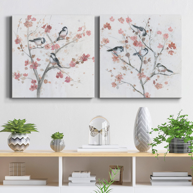 Chickadees in Spring I - 2 pièces, reproduction d'art sur toile tendue, H 32 po x l 64 po x P 1 po
