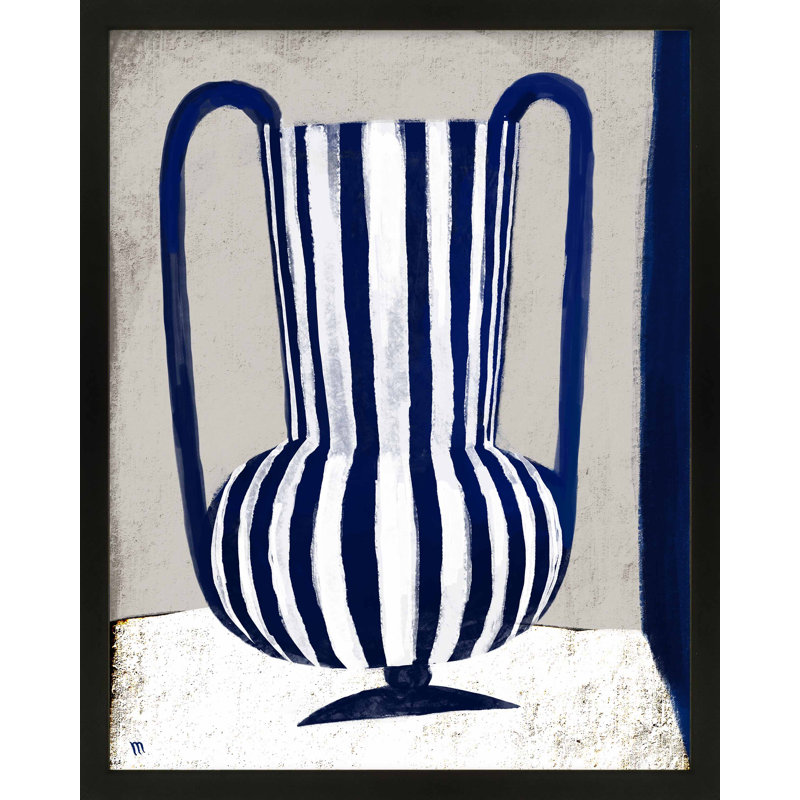 Blue Striped Vase Painting by Marco Marella For Studio M, 20" W x 25" H, Black Framed Paper