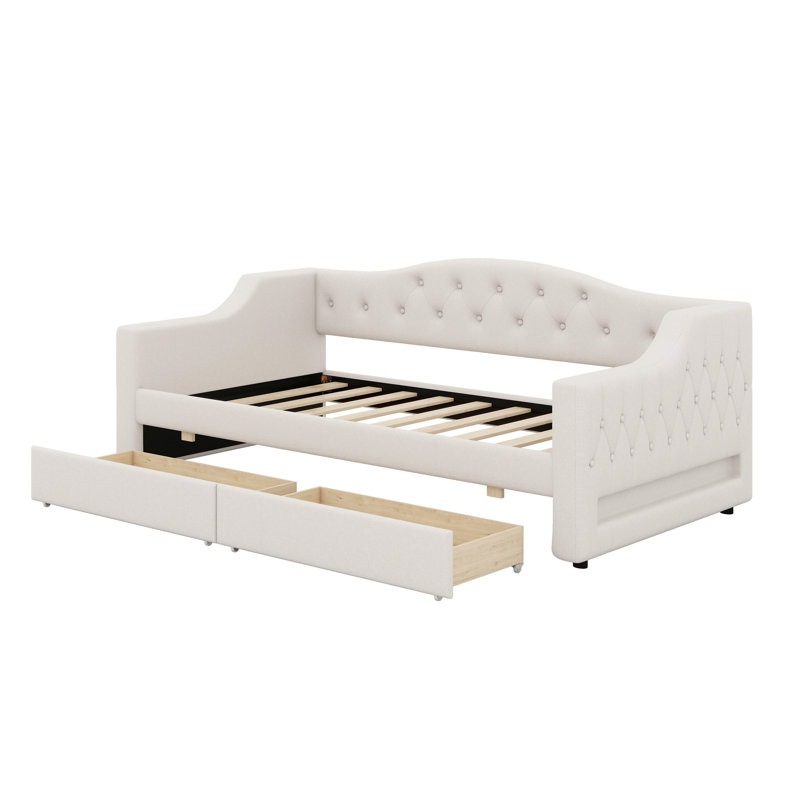 Upholstered Daybed With LED Belt And 2 Drawers, Beige