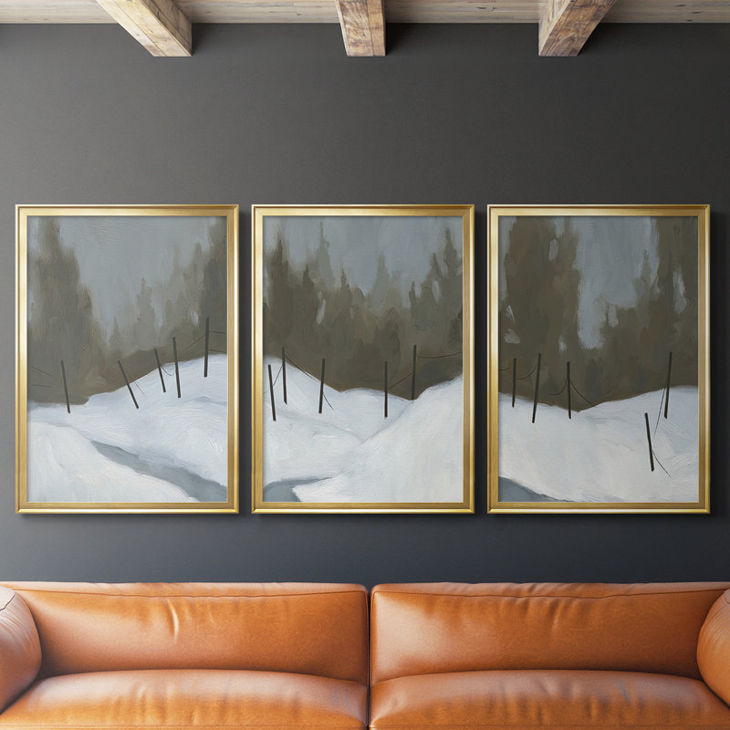 Deep Snow II - Toile tendue avec châssis sur mesure - 3 pièces, H 19 po x l 45 po, Doré