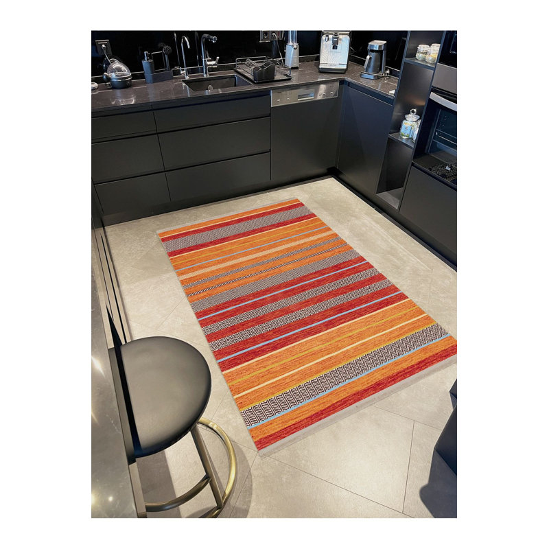 Tapis décoratif moderne à motif de lignes rayées orange et rouge lavable à la machine