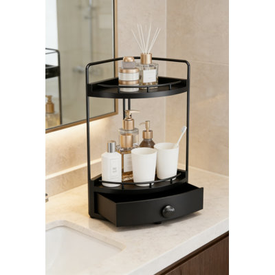 Organisateur de comptoir de coin à 2 niveaux avec tiroir - Tablette de meuble-lavabo en bois pour les soins de la peau, le maquillage et les articles essentiels