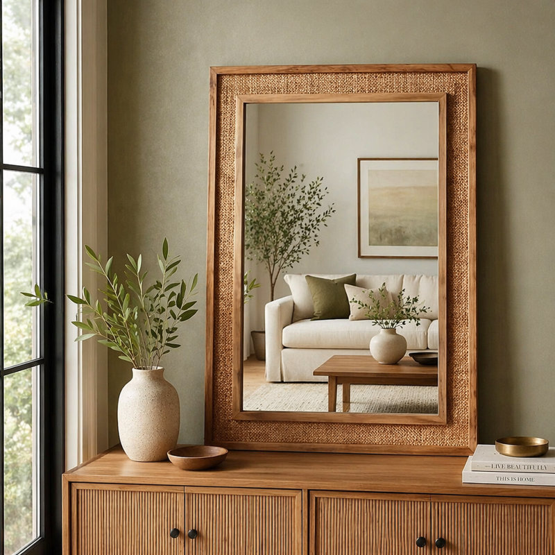 Miroir décoratif en rotin, 20 po x 30 po, Brun