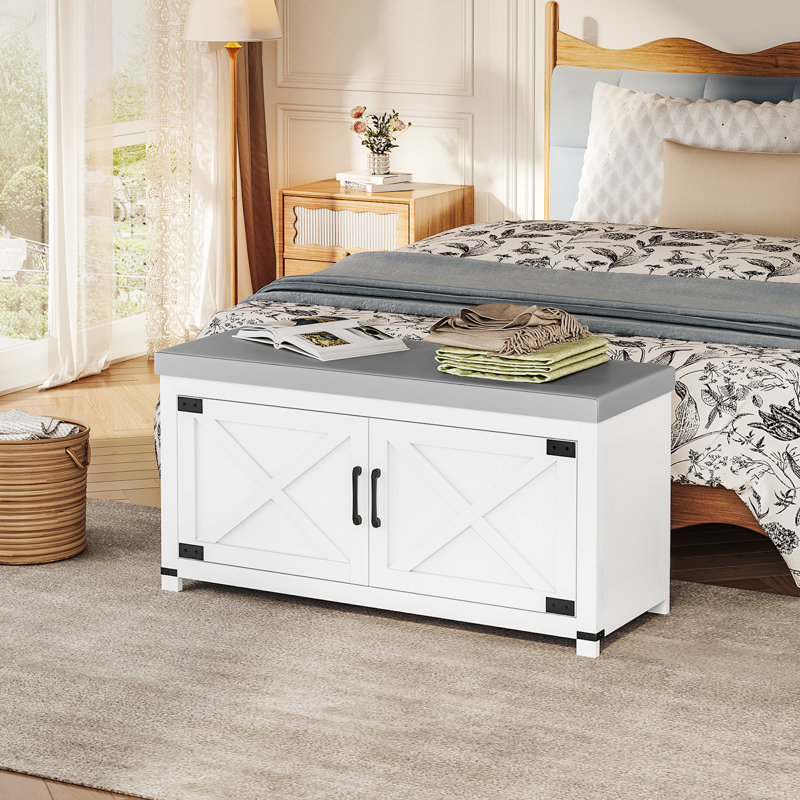 Farmhouse Barn Door Shoe Storage Bench, White/Gray, 19.3" H x 39.4" W x 13.8" D